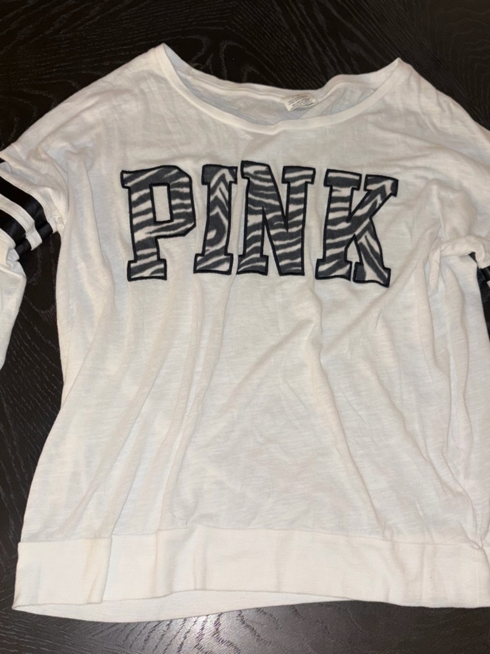 PINK Victoria's Secret White Long Sleeve Tee with Black Zebra Logo